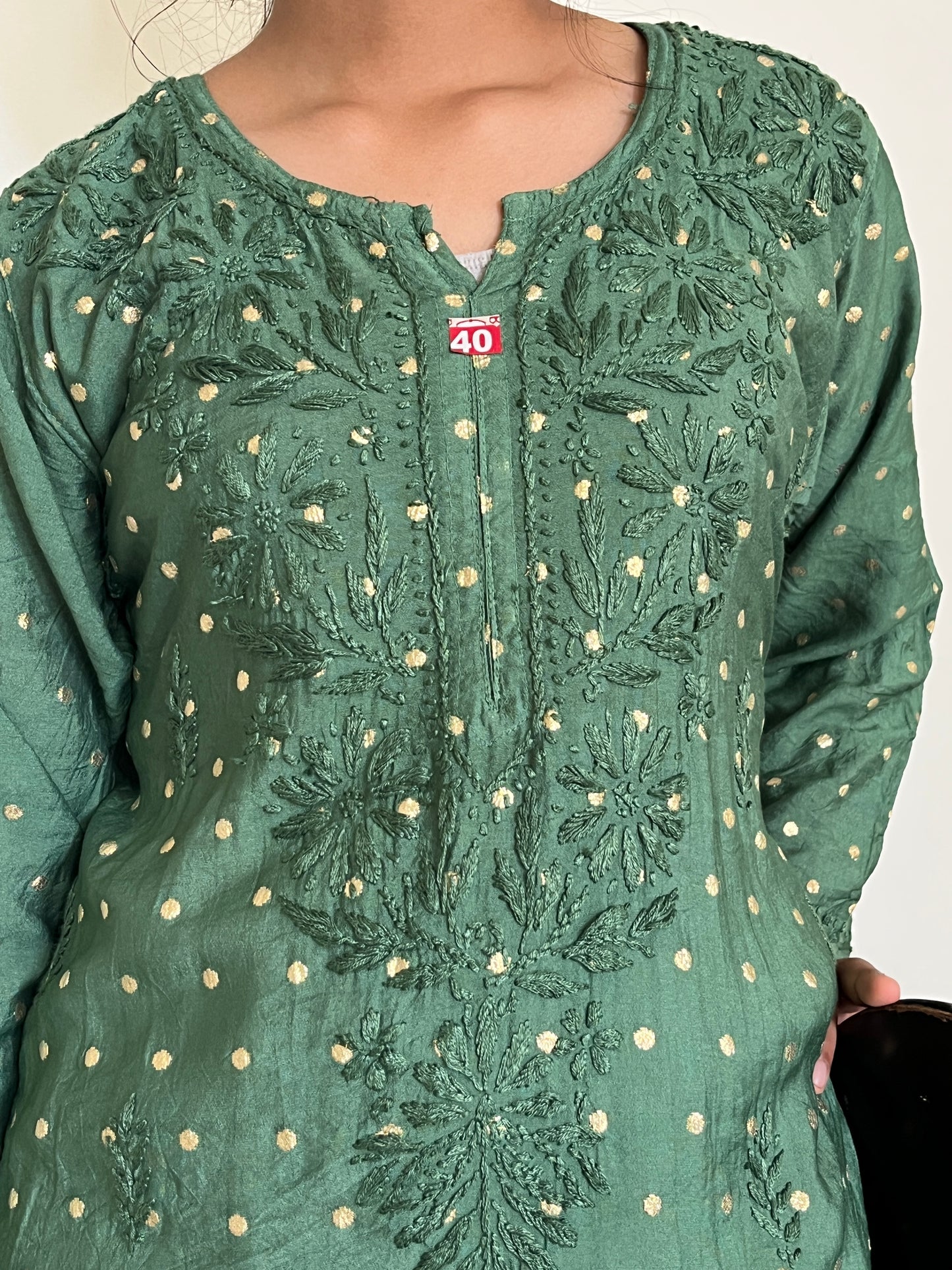 Chanderi Banarasi Dot Chikankari Solid Women's Long Kurta - Green