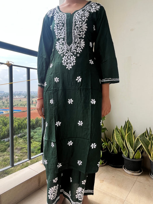 Rayon Chikankari Long Kurta Set- Green