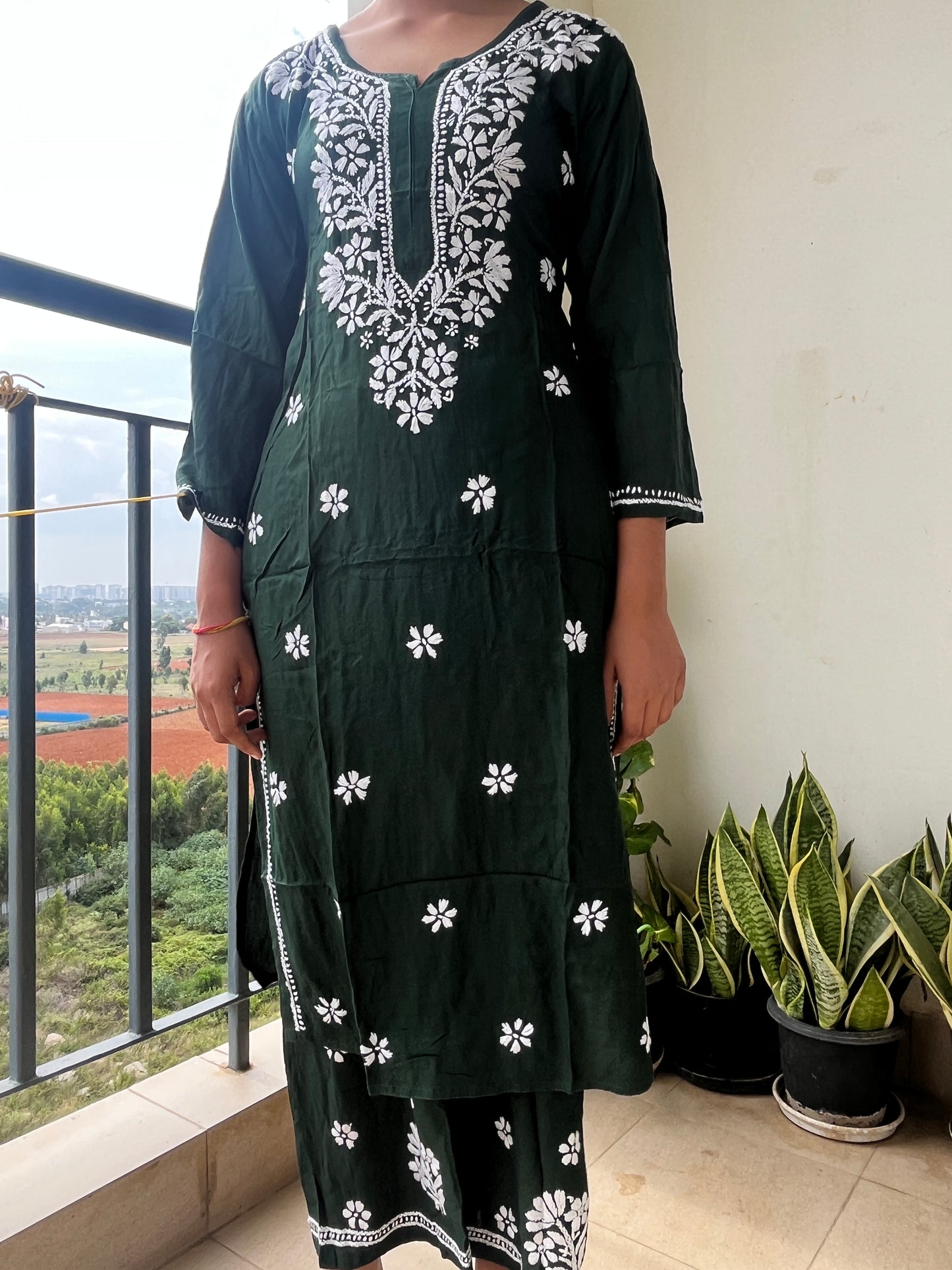 Reyon Chikankari Solid Women's 2PC Long Kurta Set- Green