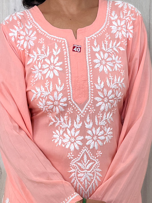 Modal Chikankari Women's Long Kurta - Peach