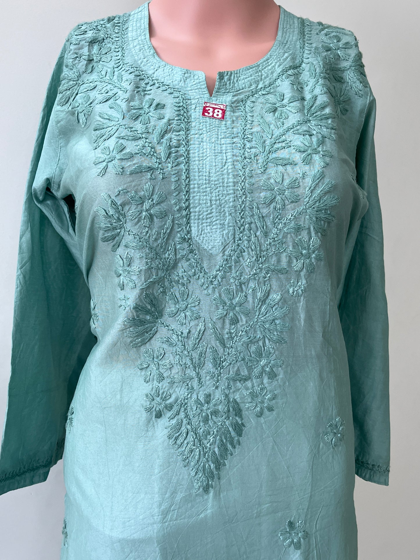 Chanderi Chikankari Solid Women's Long Kurta - Green