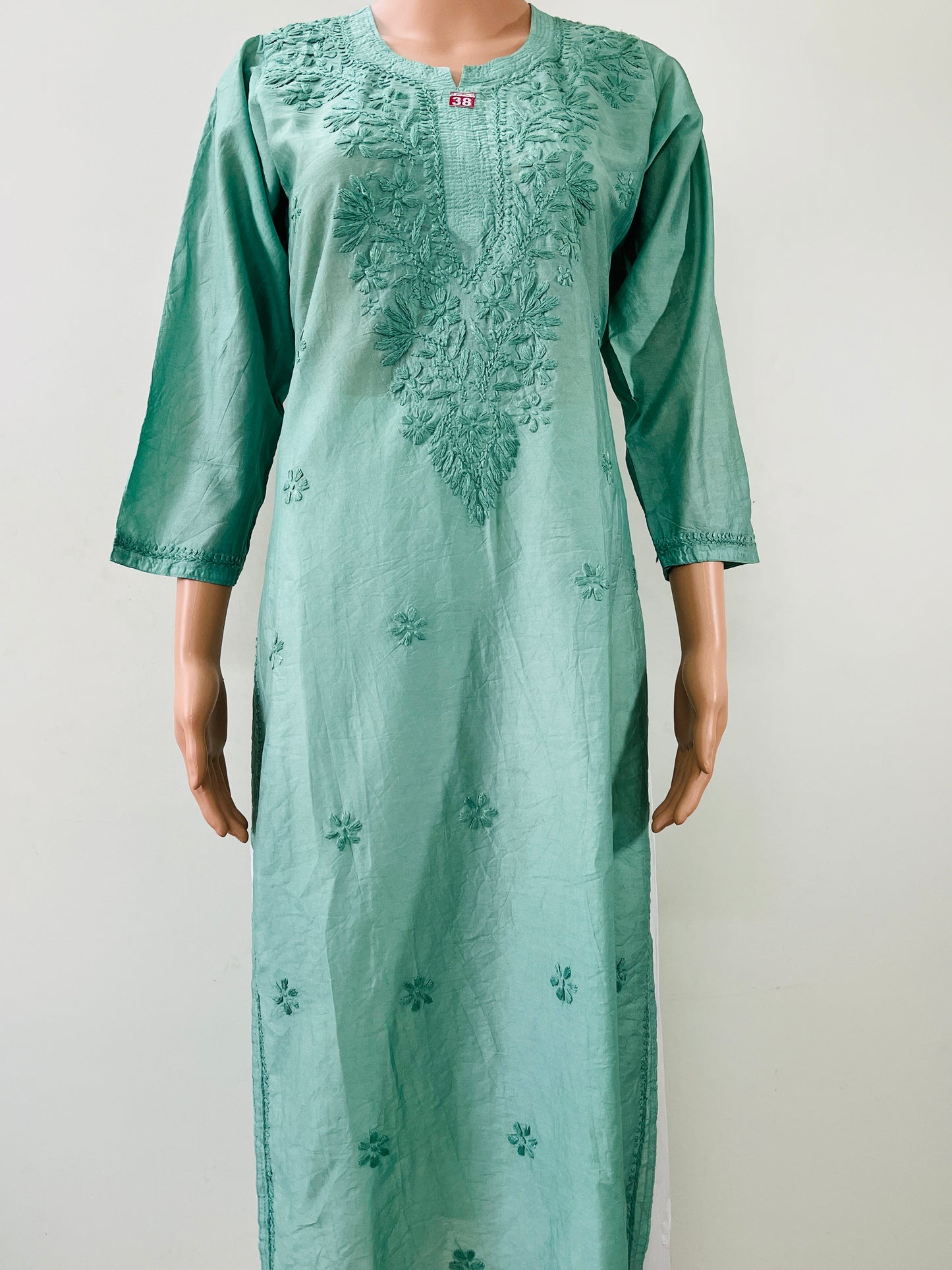 Chanderi Chikankari Solid Women's Long Kurta - Green