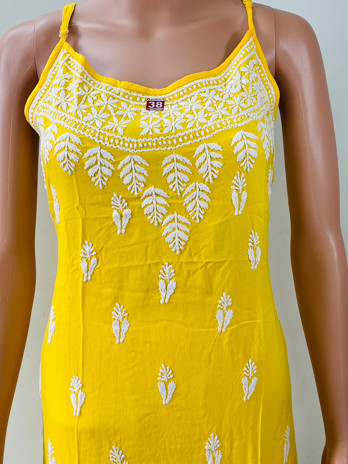 Reyon Sleeveless Chikankari Solid Women's Long Kurta - Yellow