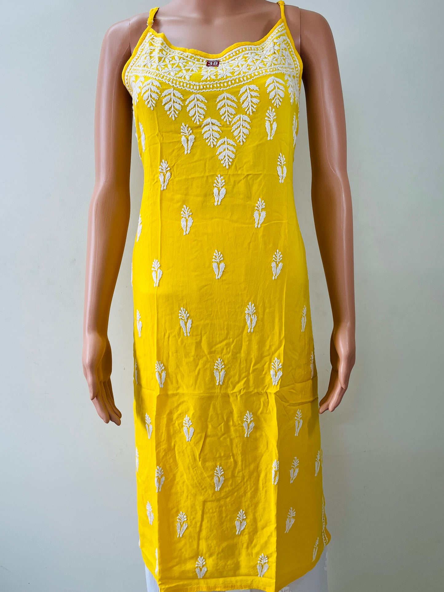Reyon Sleeveless Chikankari Solid Women's Long Kurta - Yellow