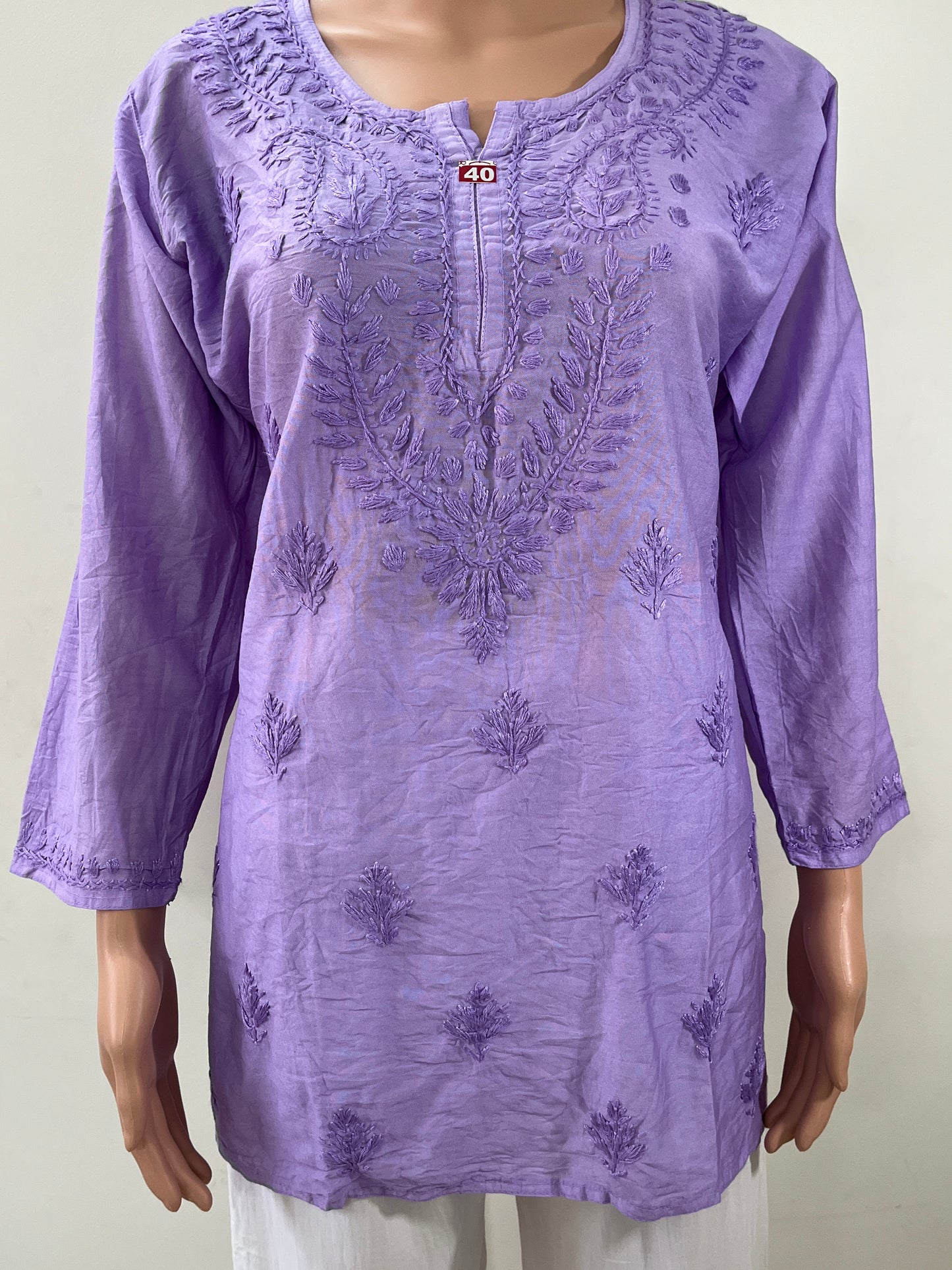 Chanderi Chikankari Solid Women's Short Kurta - Lavender