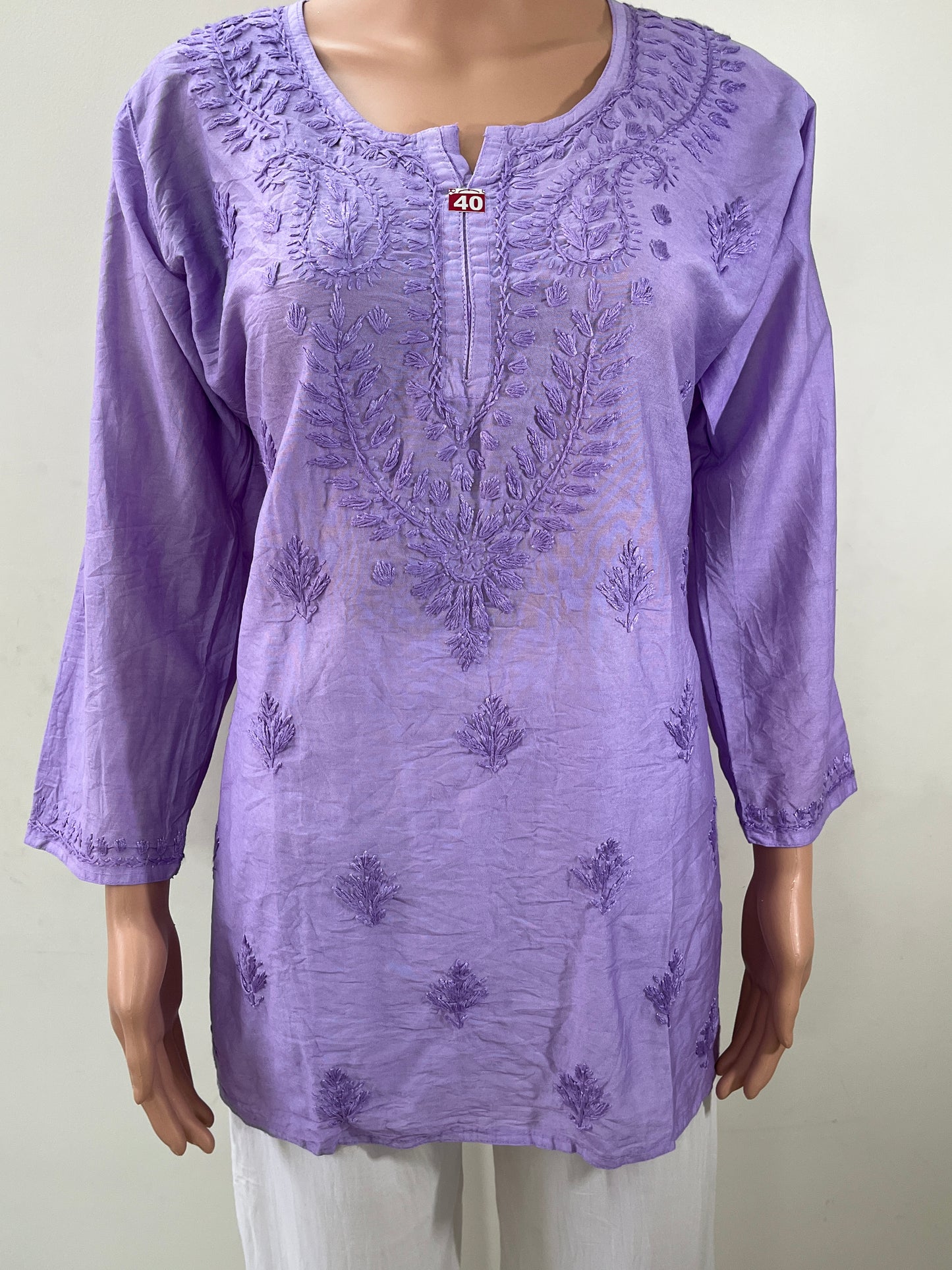 Chanderi Chikankari Solid Women's Short Kurta - Lavender
