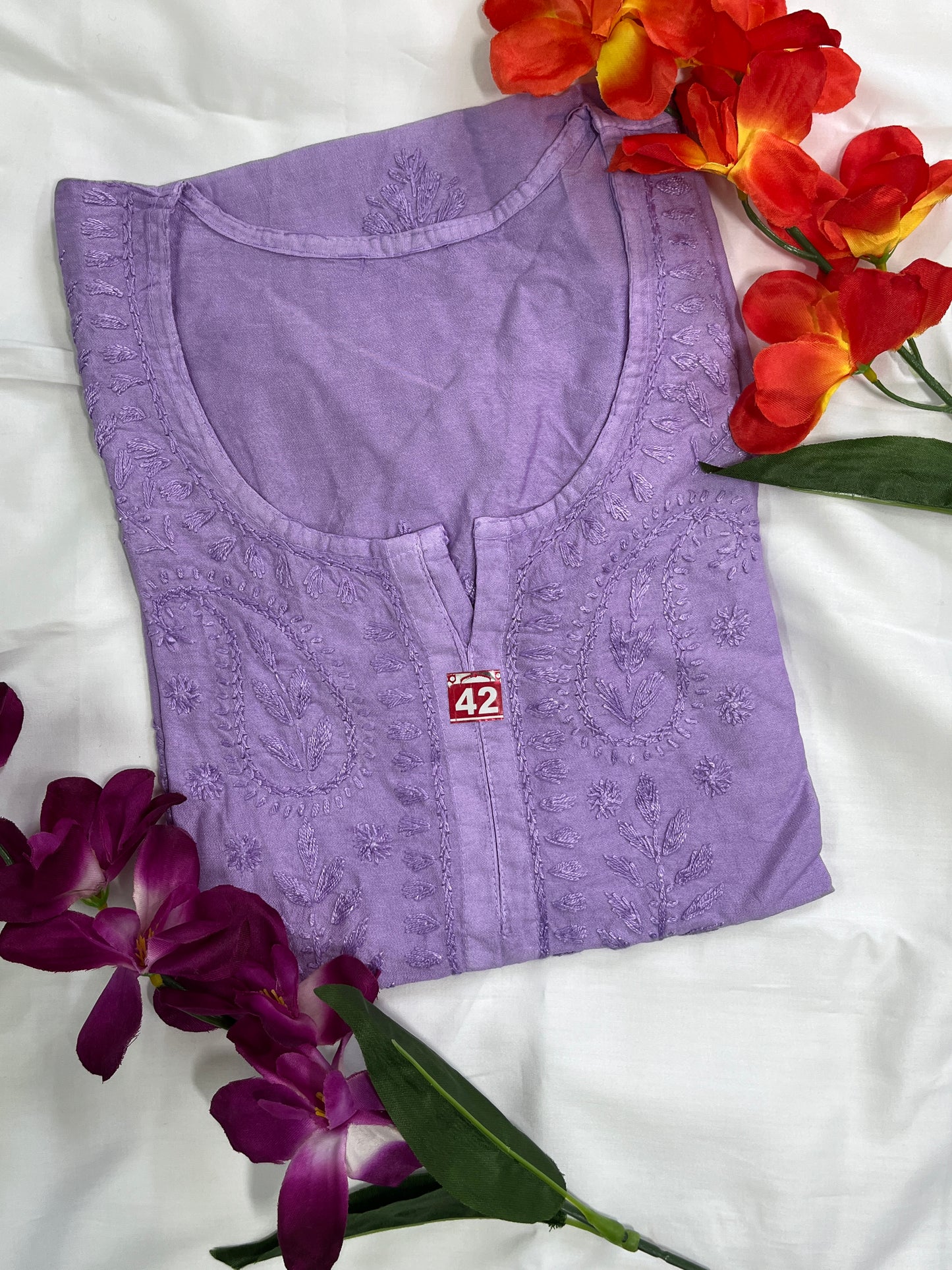 Chanderi Chikankari Solid Women's Short Kurta - Lavender