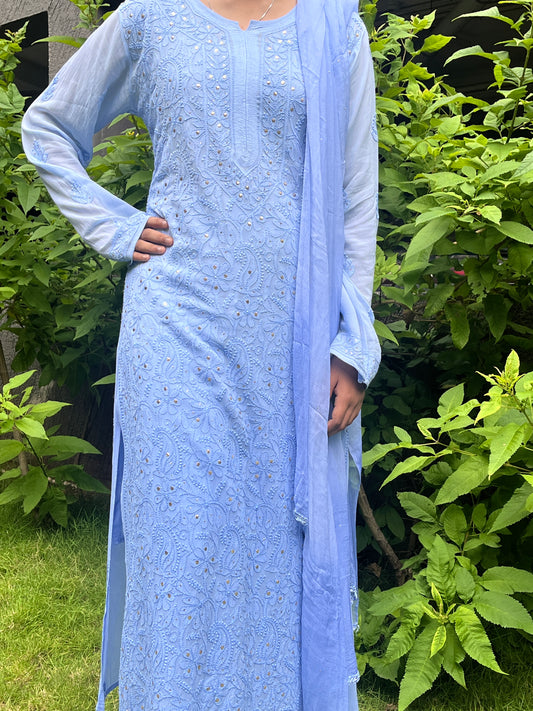 Viscose Full Jall with Mukesh 4PC Heavy Chikankari Suit Set - Ombre Blue