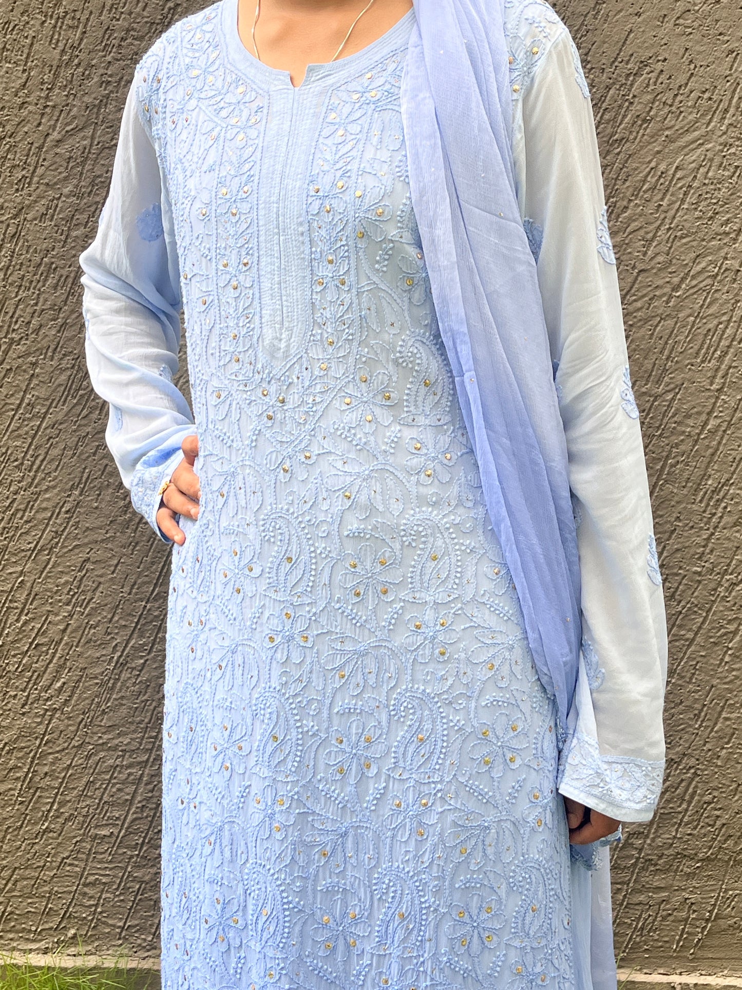 Viscose Full Jall with Mukesh 4PC Heavy Chikankari Suit Set - Ombre Blue