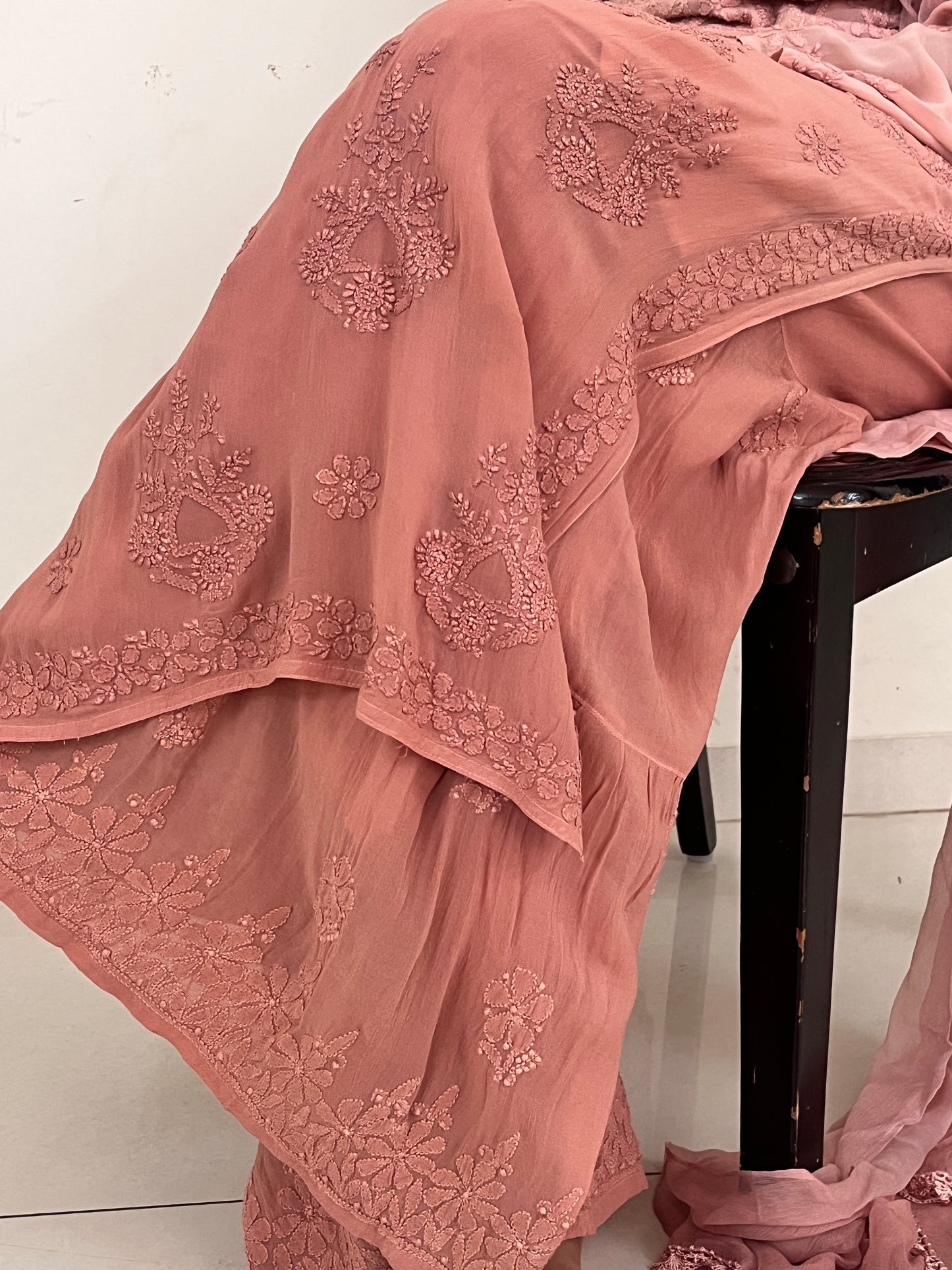 Viscose Bakhiya 4PC Heavy Chikankari Suit Set - Ombre Brown