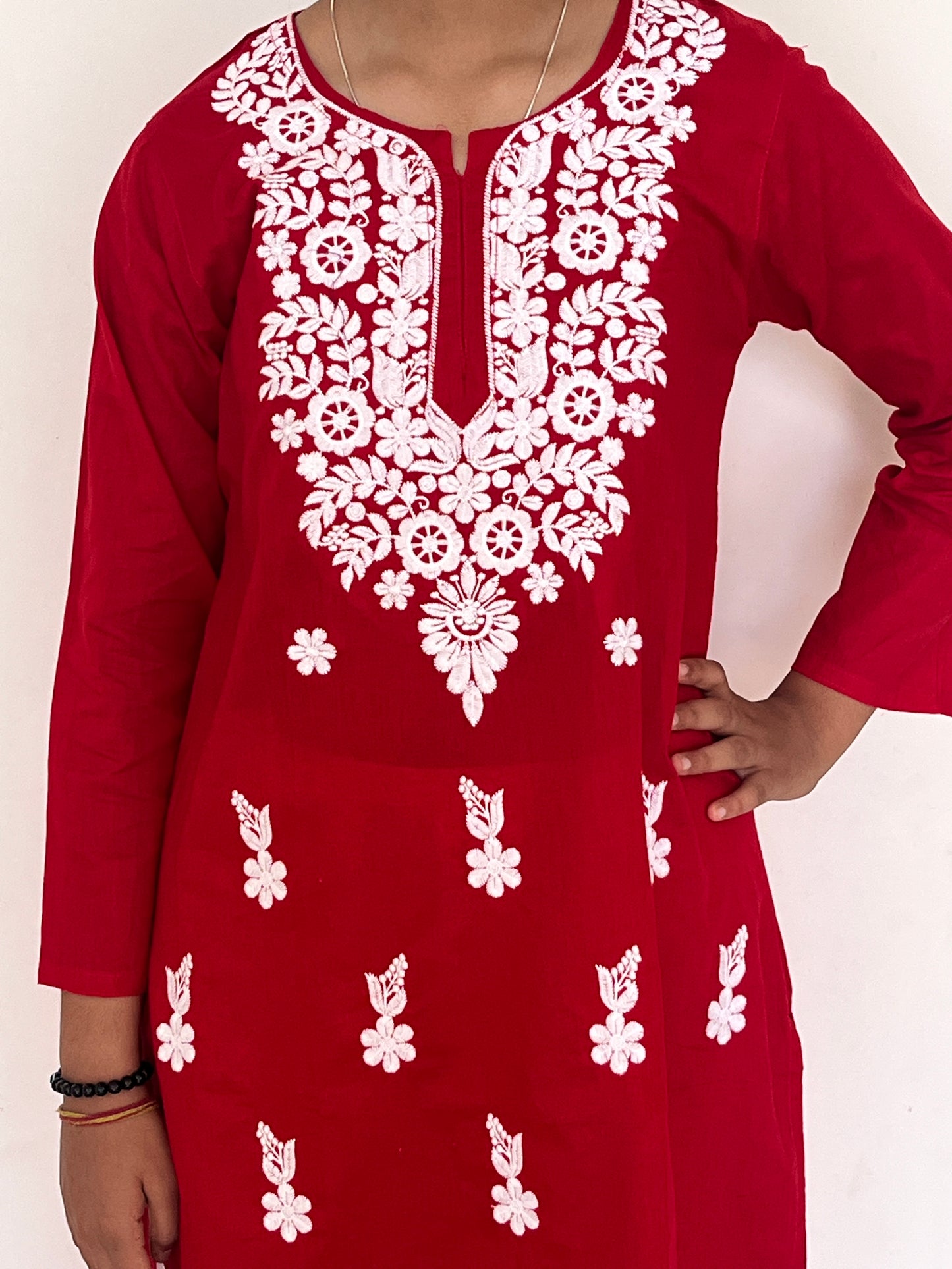 Cotton Chikankari Women's Long kurta - Red