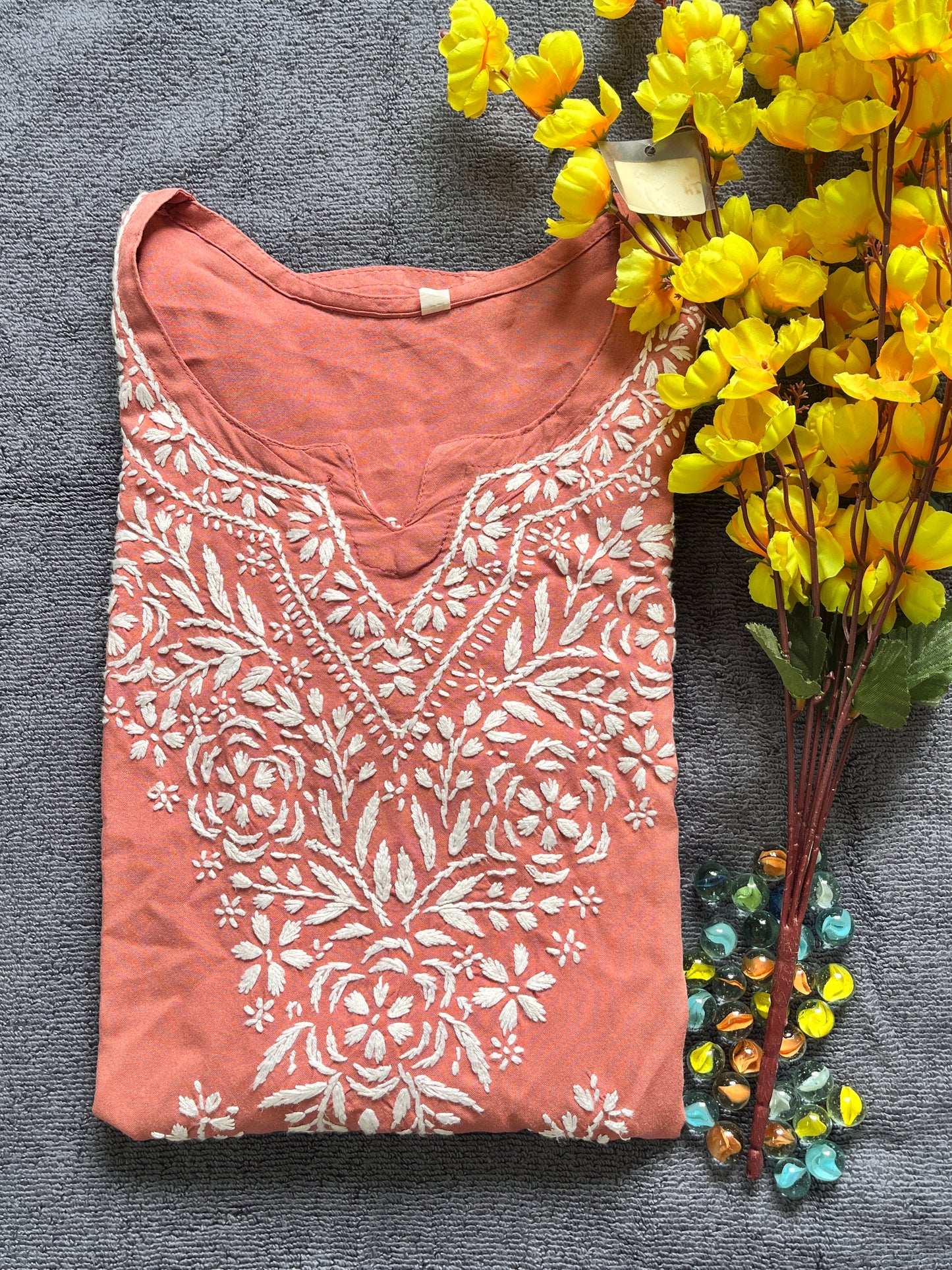 Reyon Chikankari Women's Short Kurta - Peach
