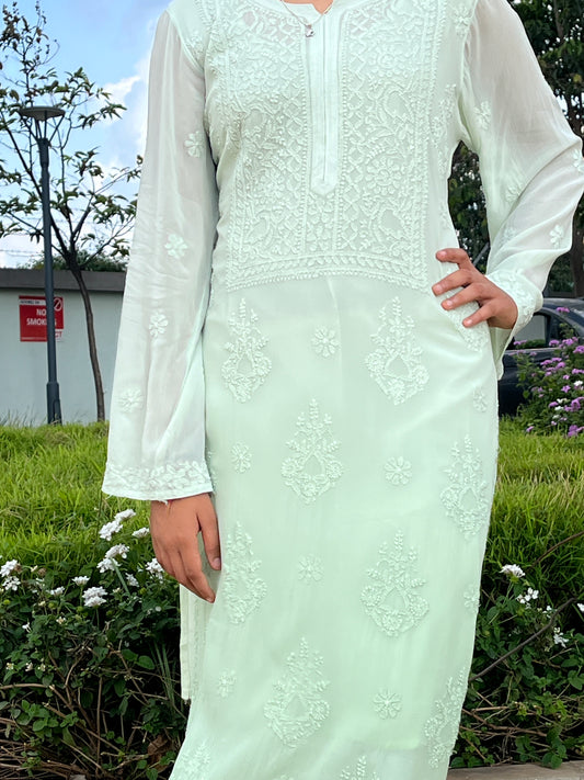Viscose Heavy Chikankari Long Kurta- Ombre Green