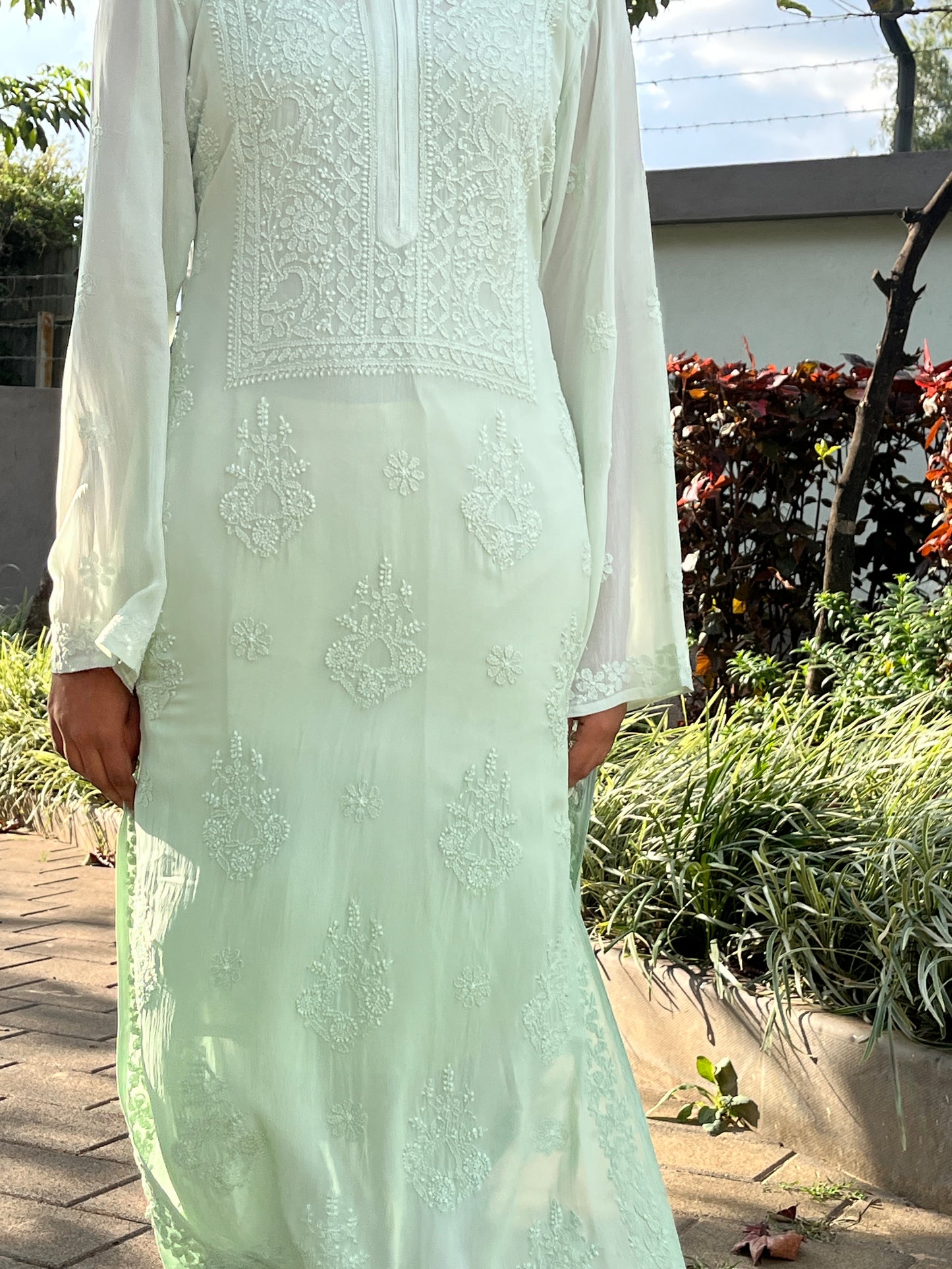Viscose Heavy Chikankari Long Kurta- Ombre Green