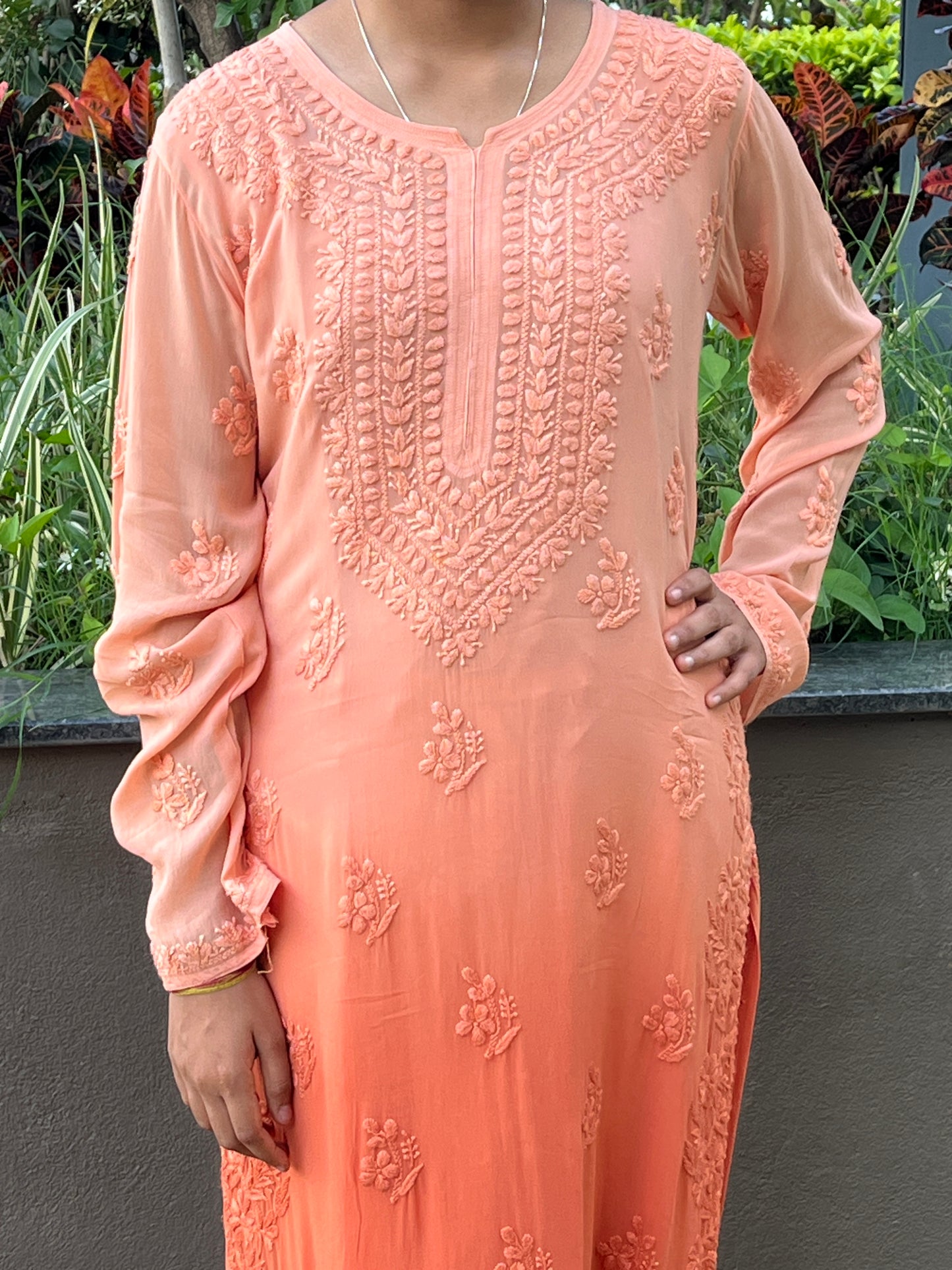Viscose 3D Heavy Chikankari Long kurta - Ombre Orange