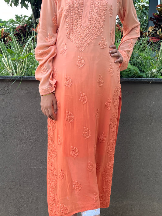 Viscose 3D Heavy Chikankari Long kurta - Ombre Orange