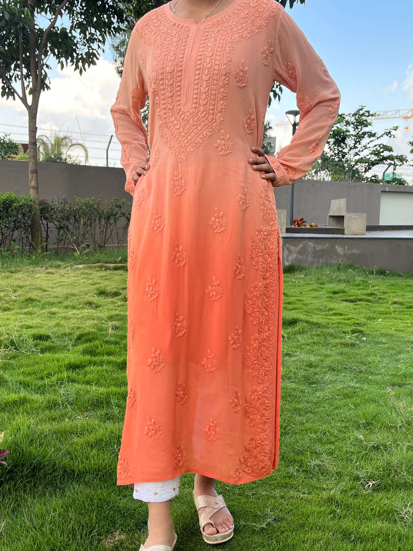Viscose 3D Heavy Chikankari Long kurta - Ombre Orange