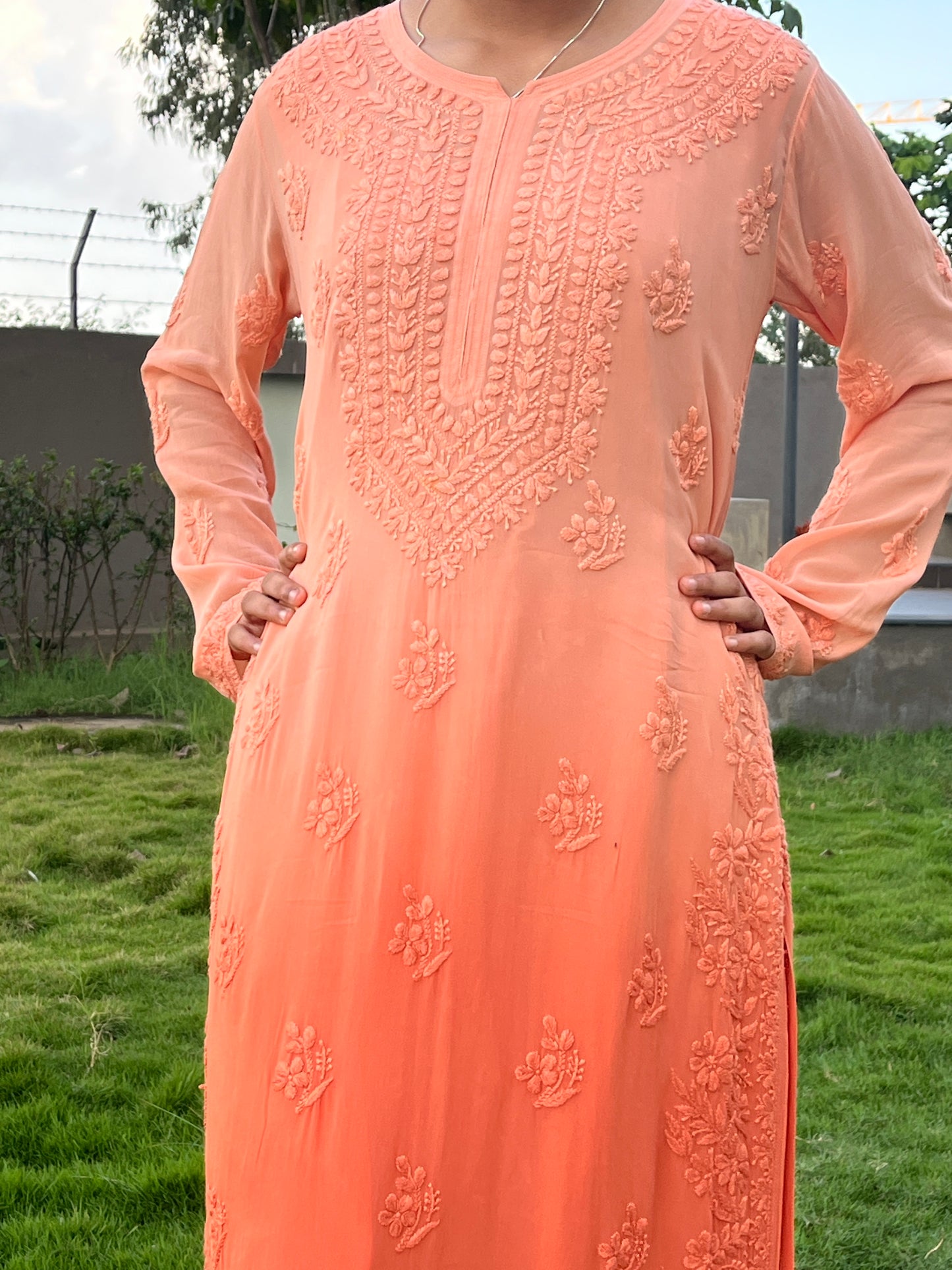 Viscose 3D Heavy Chikankari Long kurta - Ombre Orange