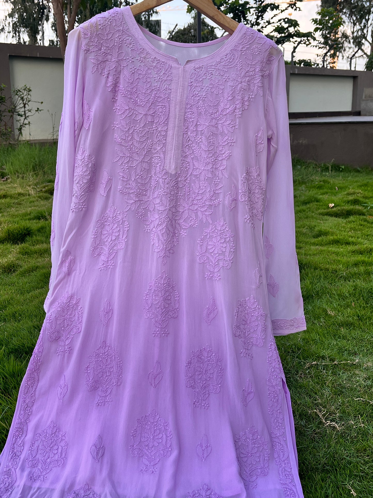 Viscose Bakhiya Heavy Chikankari Long Kurta - Ombre Lavender