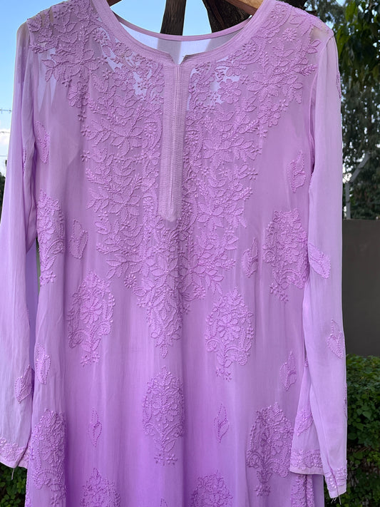 Viscose Bakhiya Heavy Chikankari Long Kurta - Ombre Lavender