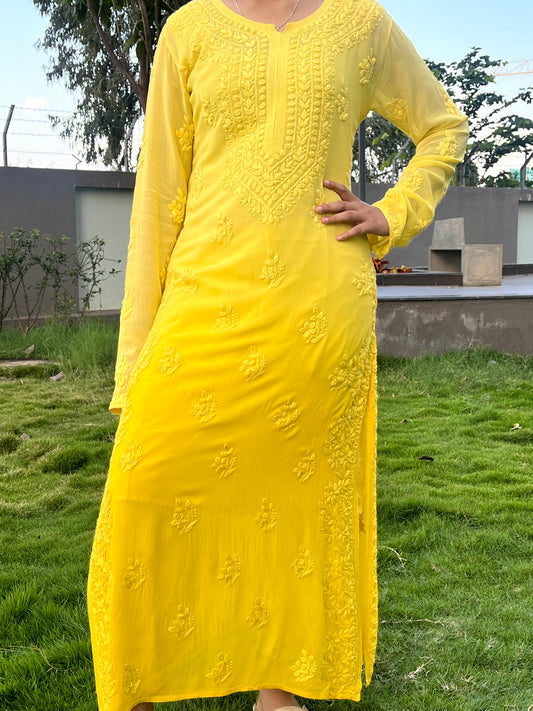 Viscose 3D Heavy Chikankari Long kurta - Ombre Yellow
