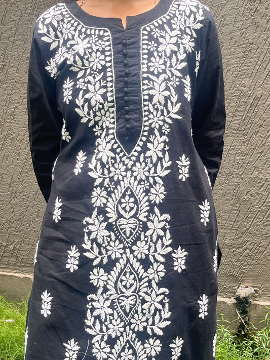 Cotton Chikankari Women's Long Kurta - Black
