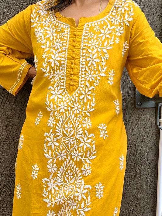 Cotton Chikankari Women's Long Kurta - Yellow