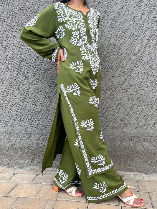 Modal Chikankari Solid Women's 2PC Long Kurta Set- Green
