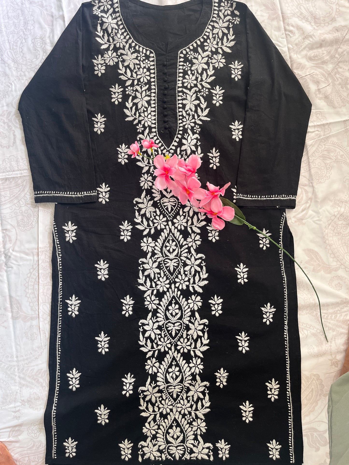 Cotton Chikankari Women's Long Kurta - Black
