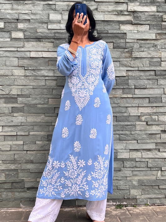 Modal Daman Chikankari Women's Long Kurta - Blue