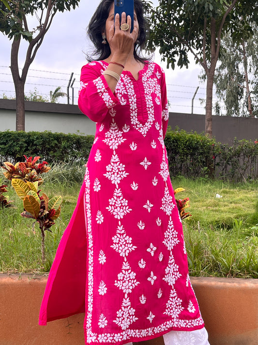 Modal Side Panel Chikankari Women's Long Kurta - Red