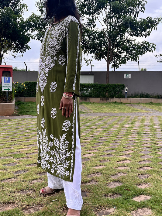 Modal Dama Chikankari Women's Long Kurta - Green