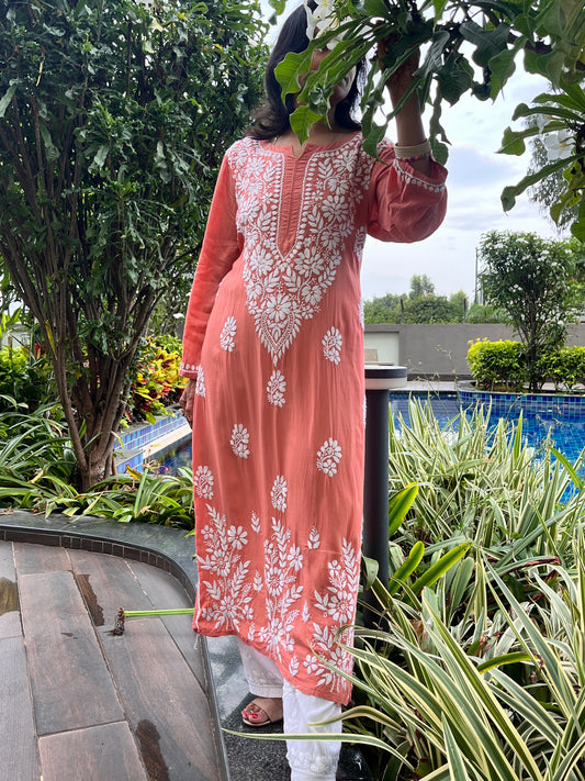 Modal Daman Chikankari Women's Long Kurta - Peach