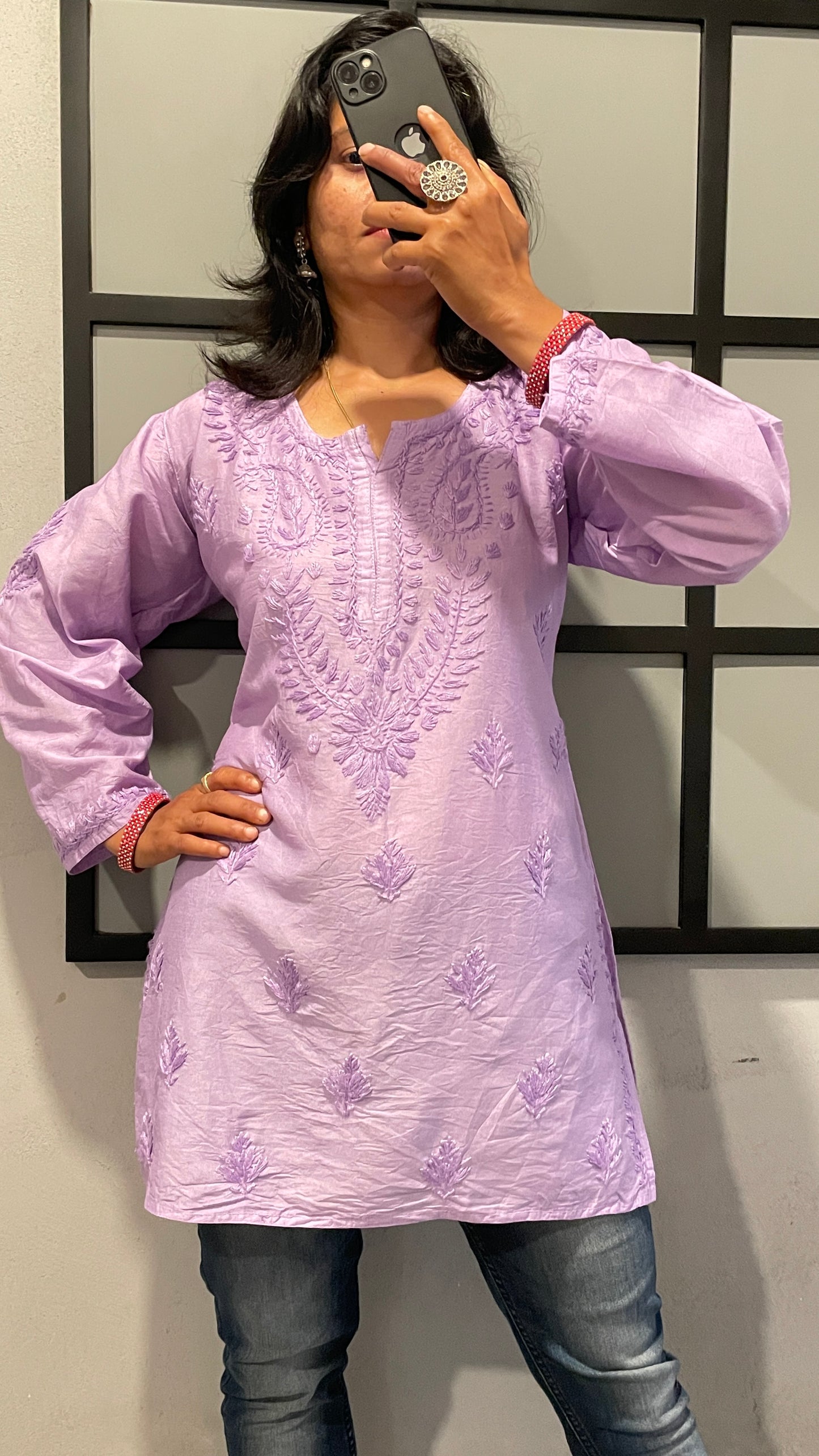 Chanderi Chikankari Solid Women's Short Kurta - Lavender