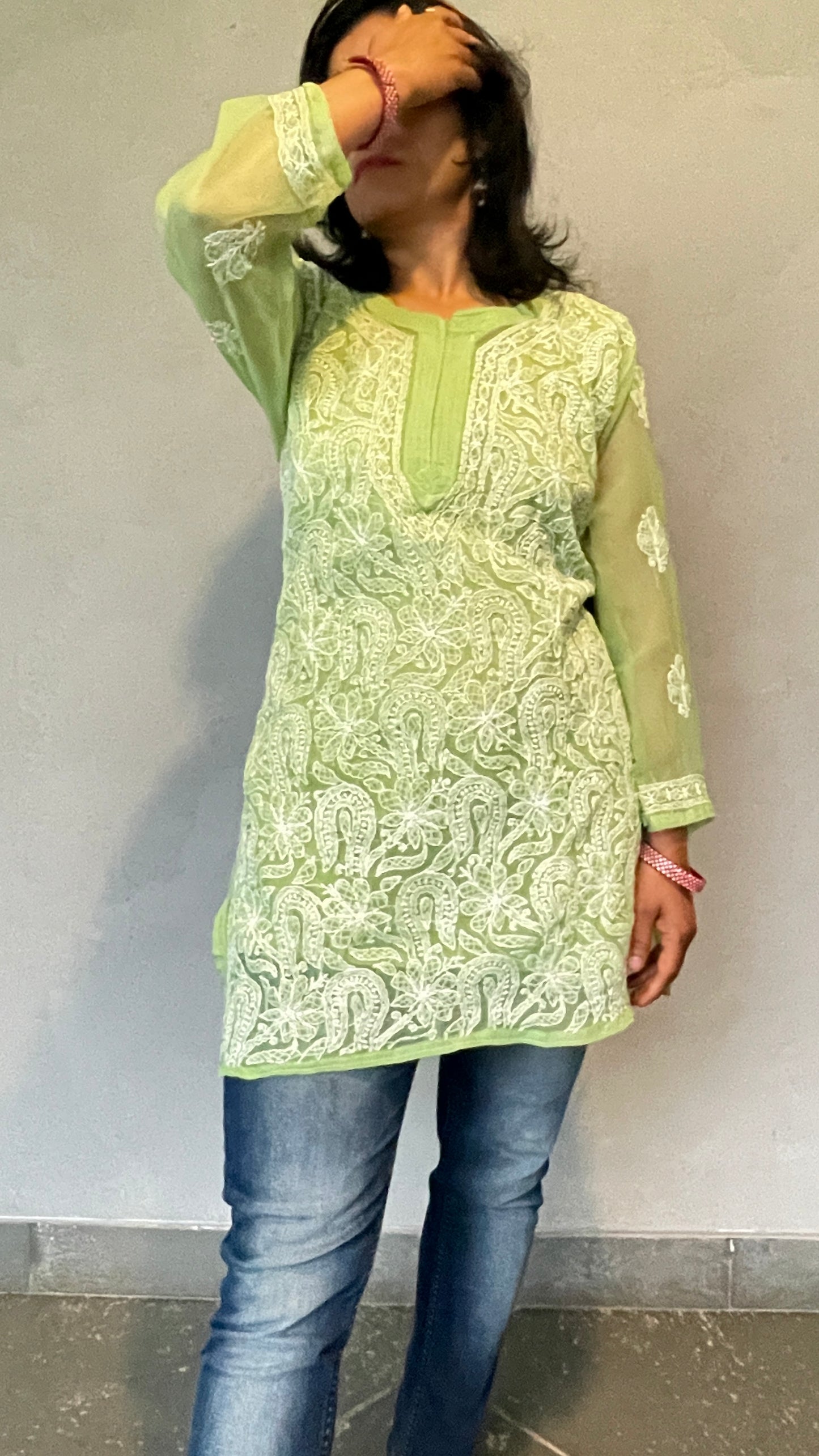 Georgette Chikankari Women's Short Kurta with Inner - Green