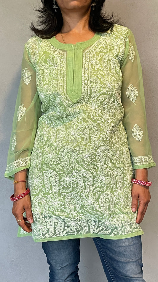 Georgette Chikankari Women's Short Kurta with Inner - Green