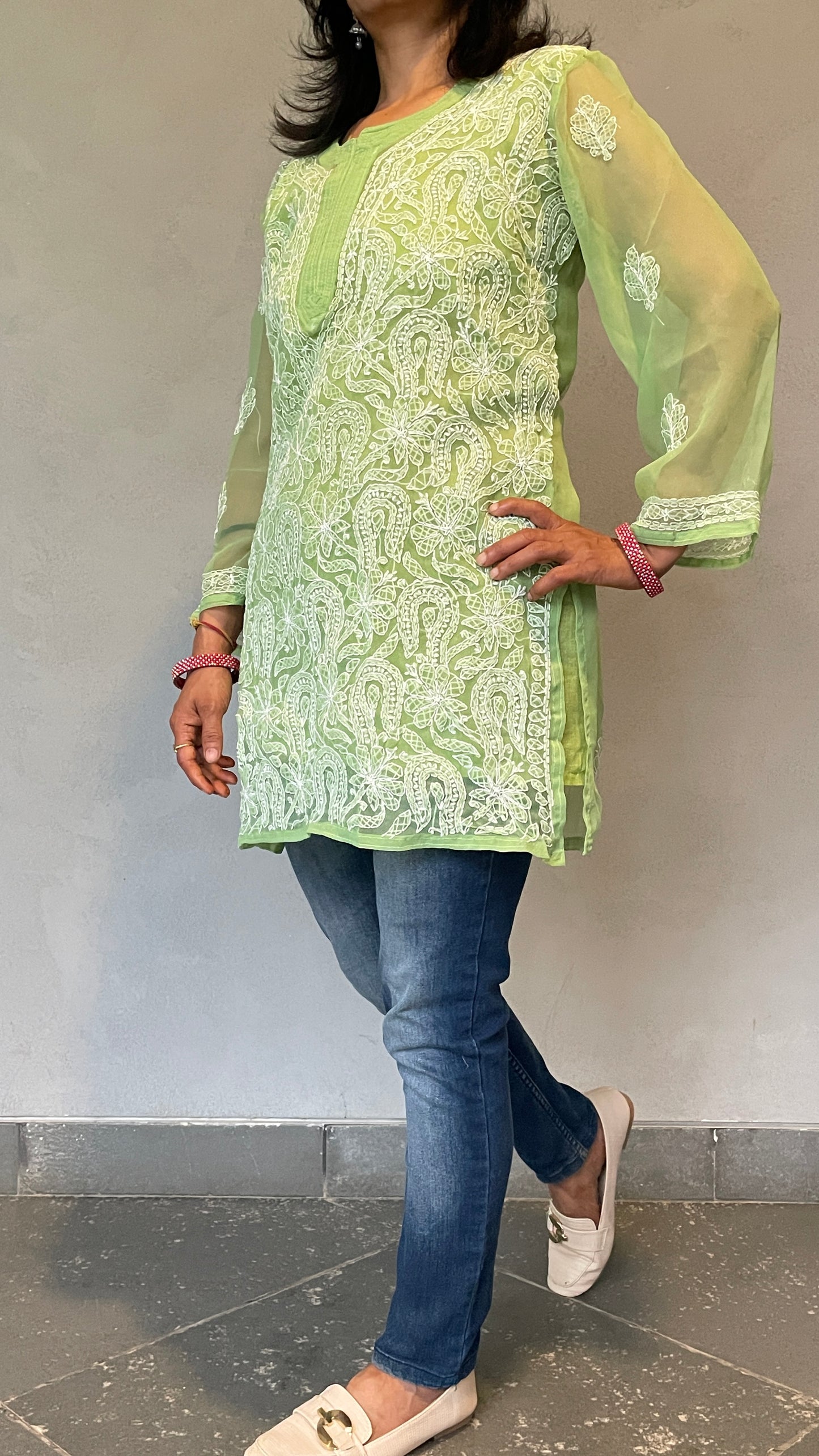 Georgette Chikankari Women's Short Kurta with Inner - Green