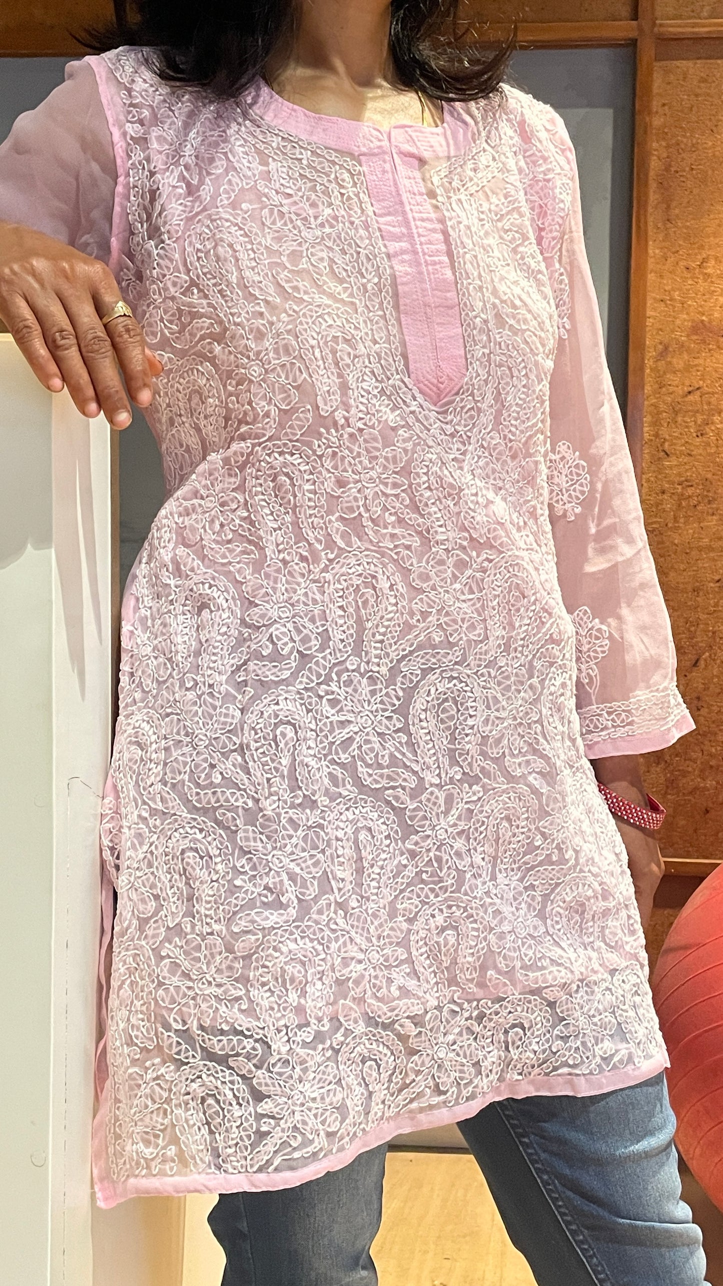 Georgette Chikankari Women's Short Kurta with Inner - Pink