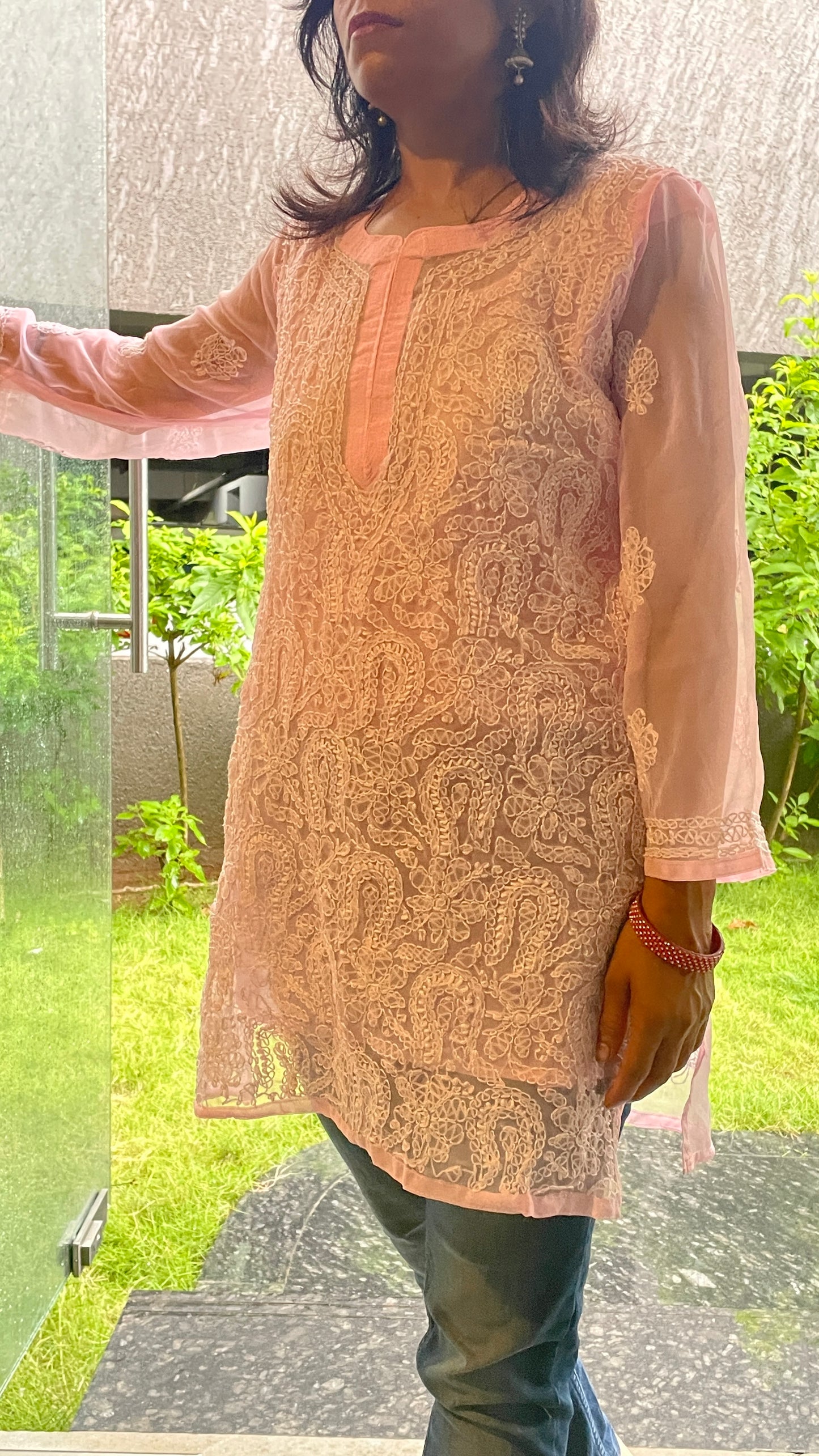 Georgette Chikankari Women's Short Kurta with Inner - Pink
