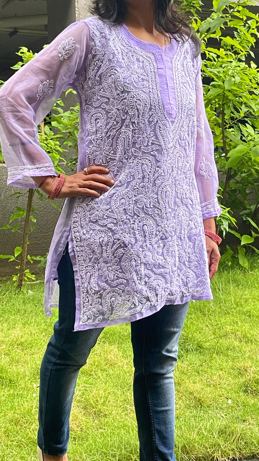 Georgette Chikankari Women's Short Kurta with Inner - Lavender