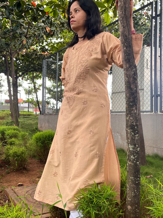 Chanderi Chikankari Solid Women's Long Kurta - Beige