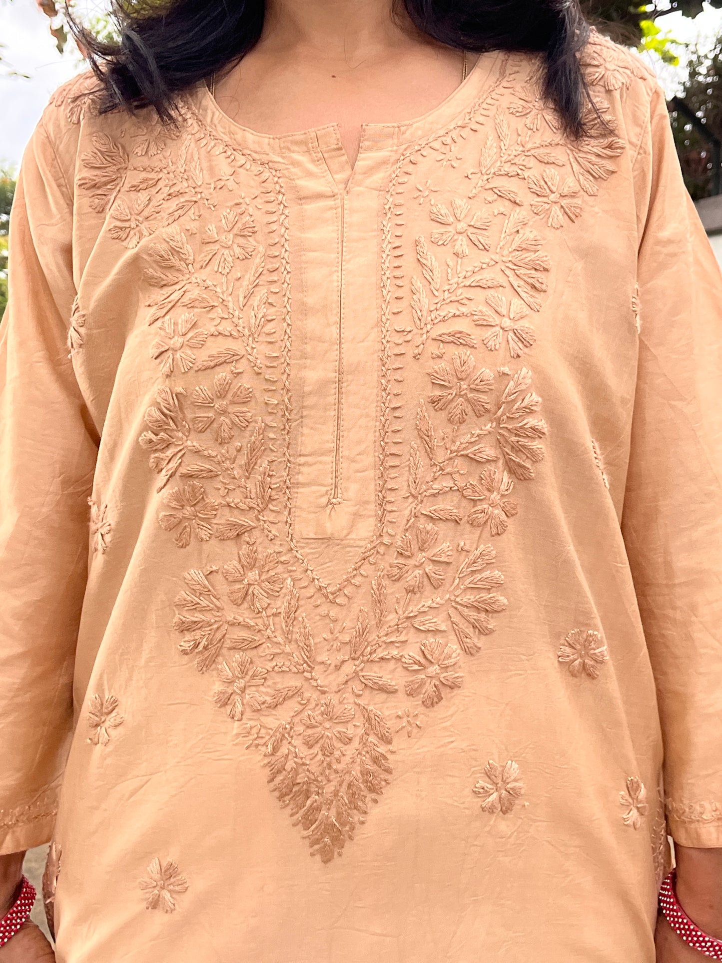 Chanderi Chikankari Solid Women's Long Kurta - Beige