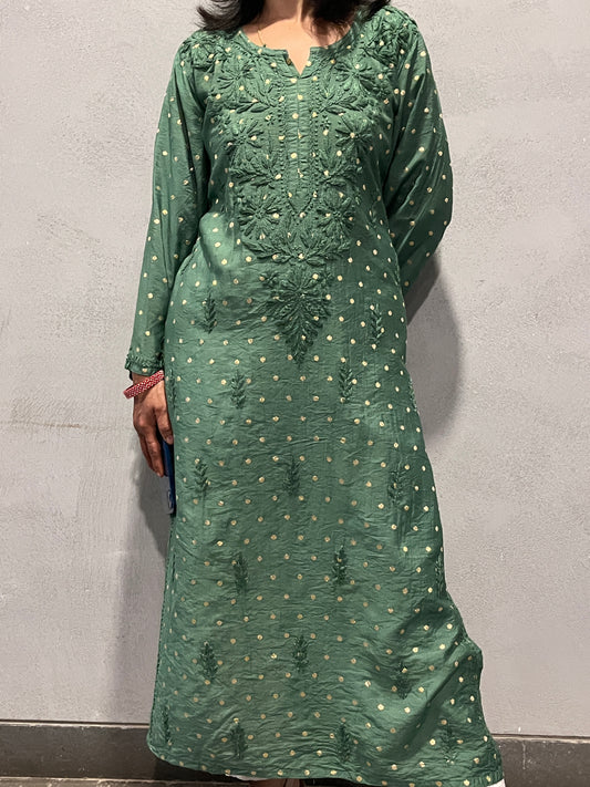 Chanderi Banarasi Dot Chikankari Solid Women's Long Kurta - Green