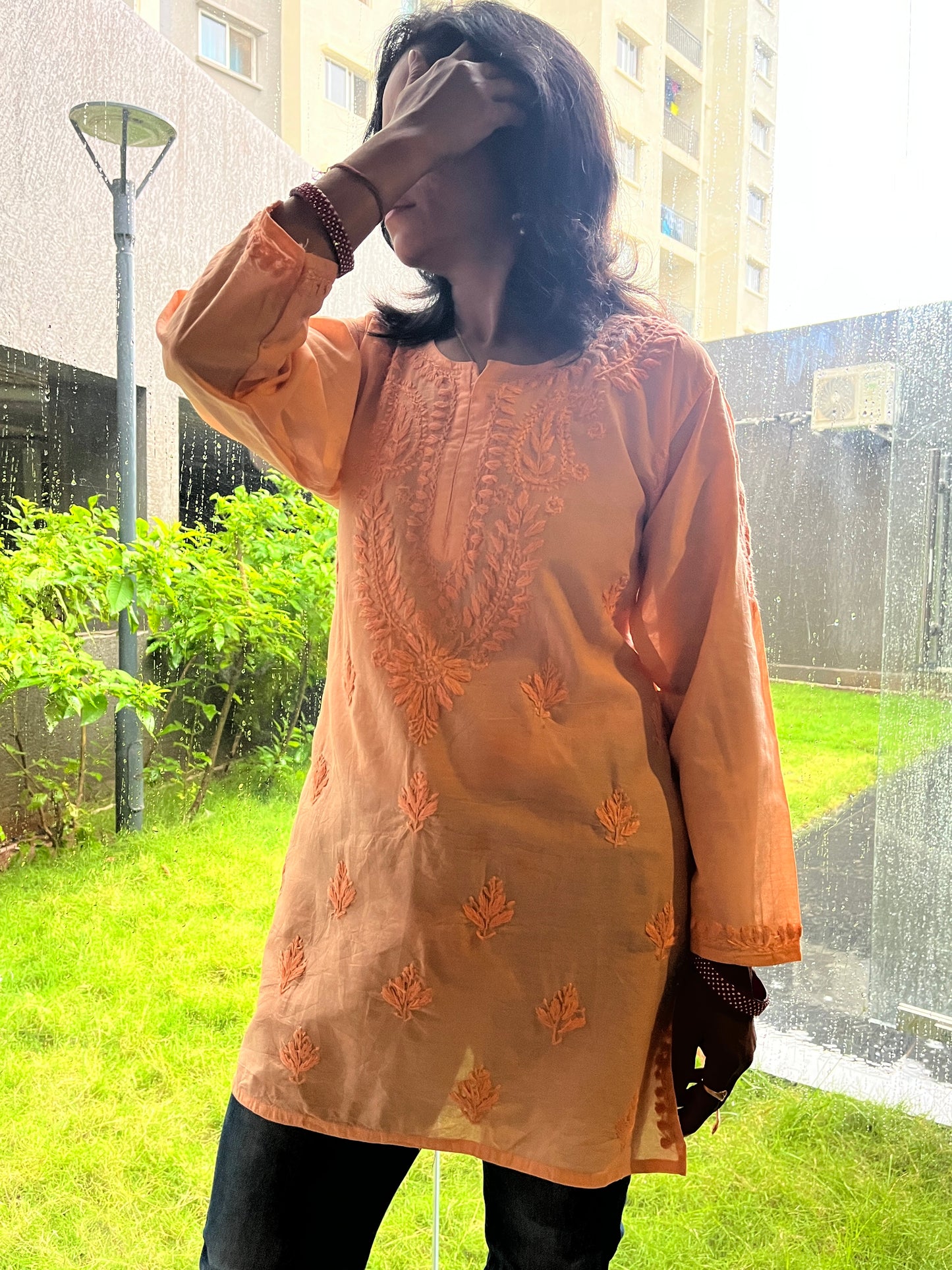 Chanderi Chikankari Solid Women's Short Kurta - Peach
