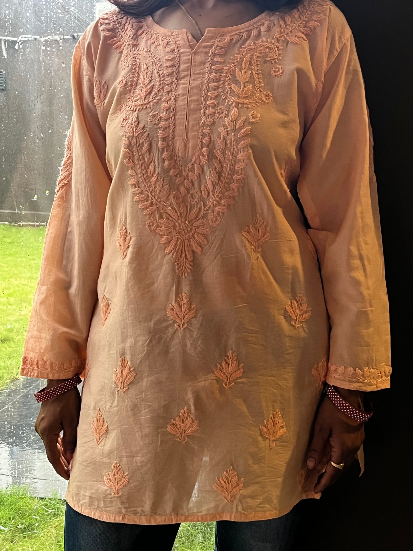 Chanderi Chikankari Solid Women's Short Kurta - Peach