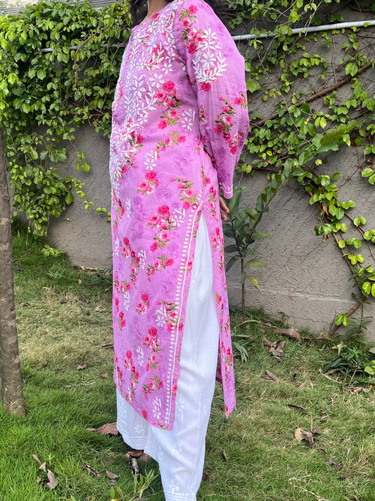 Mul Cotton Chikankari Printed Women's Long Kurta - Pink