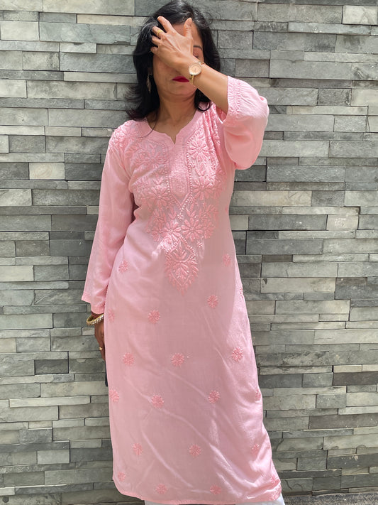 Modal Chikankari Women's Long Kurta - Peach