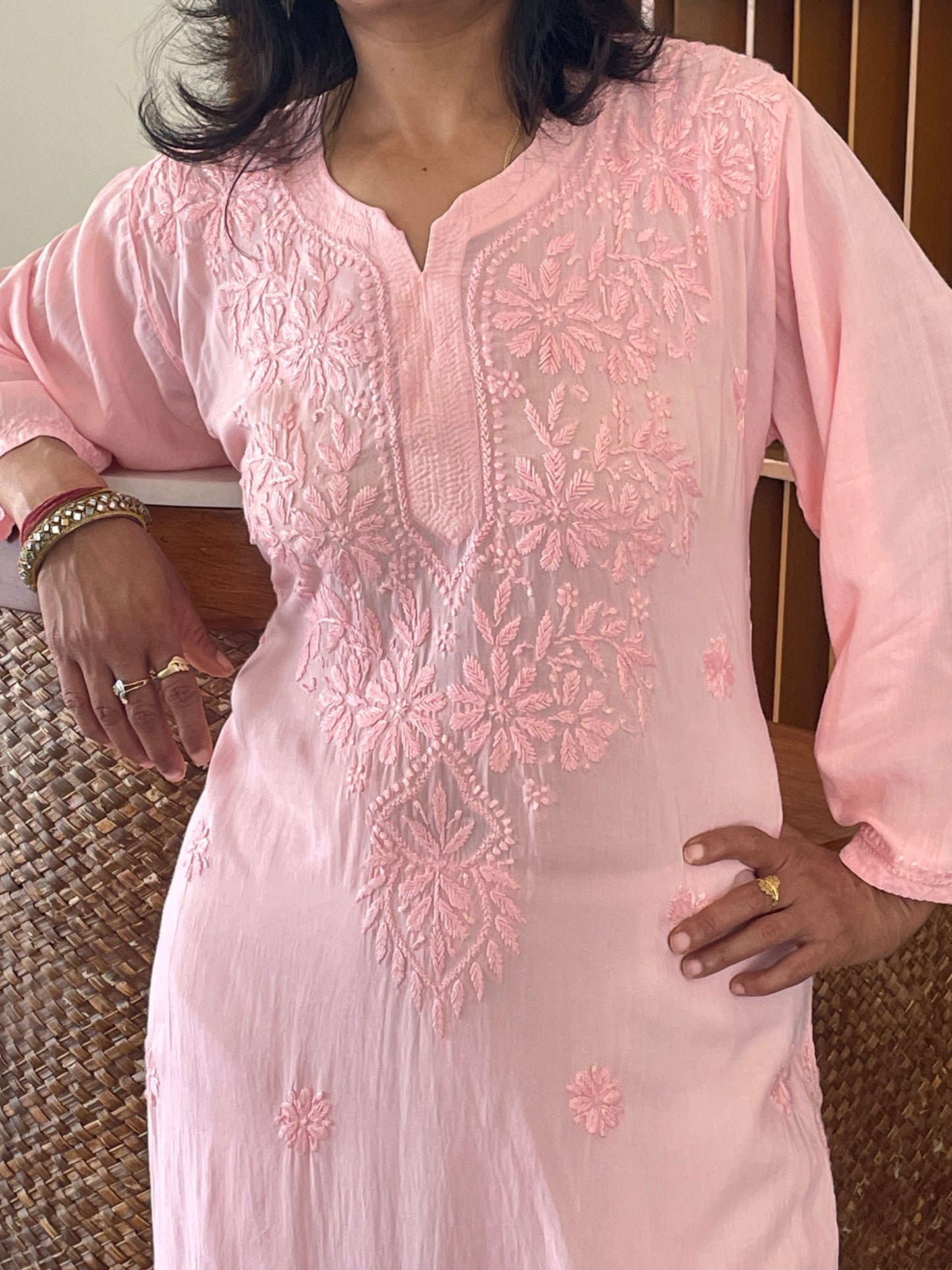 Modal Chikankari Women's Long Kurta - Peach