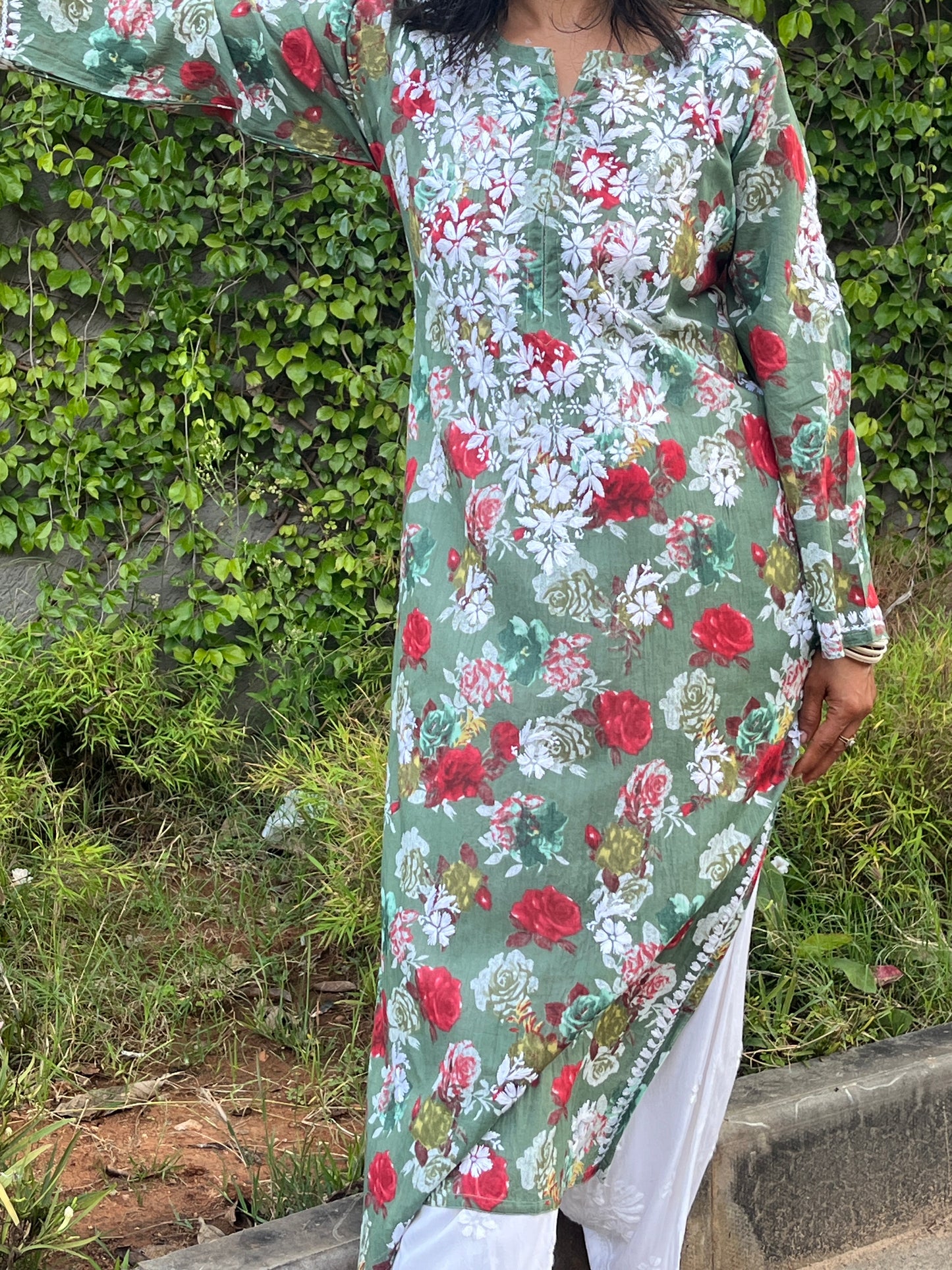Mul Cotton Chikankari Printed Women's Long Kurta - Green