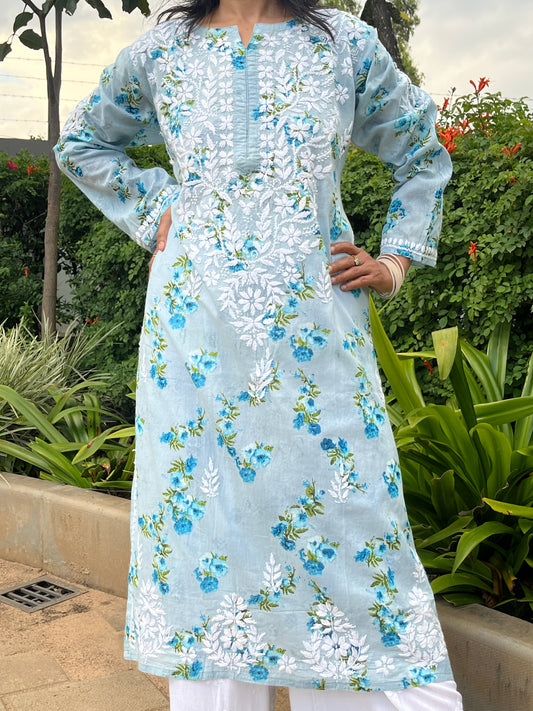 Mul Cotton Chikankari Printed Women's Long Kurta - Blue